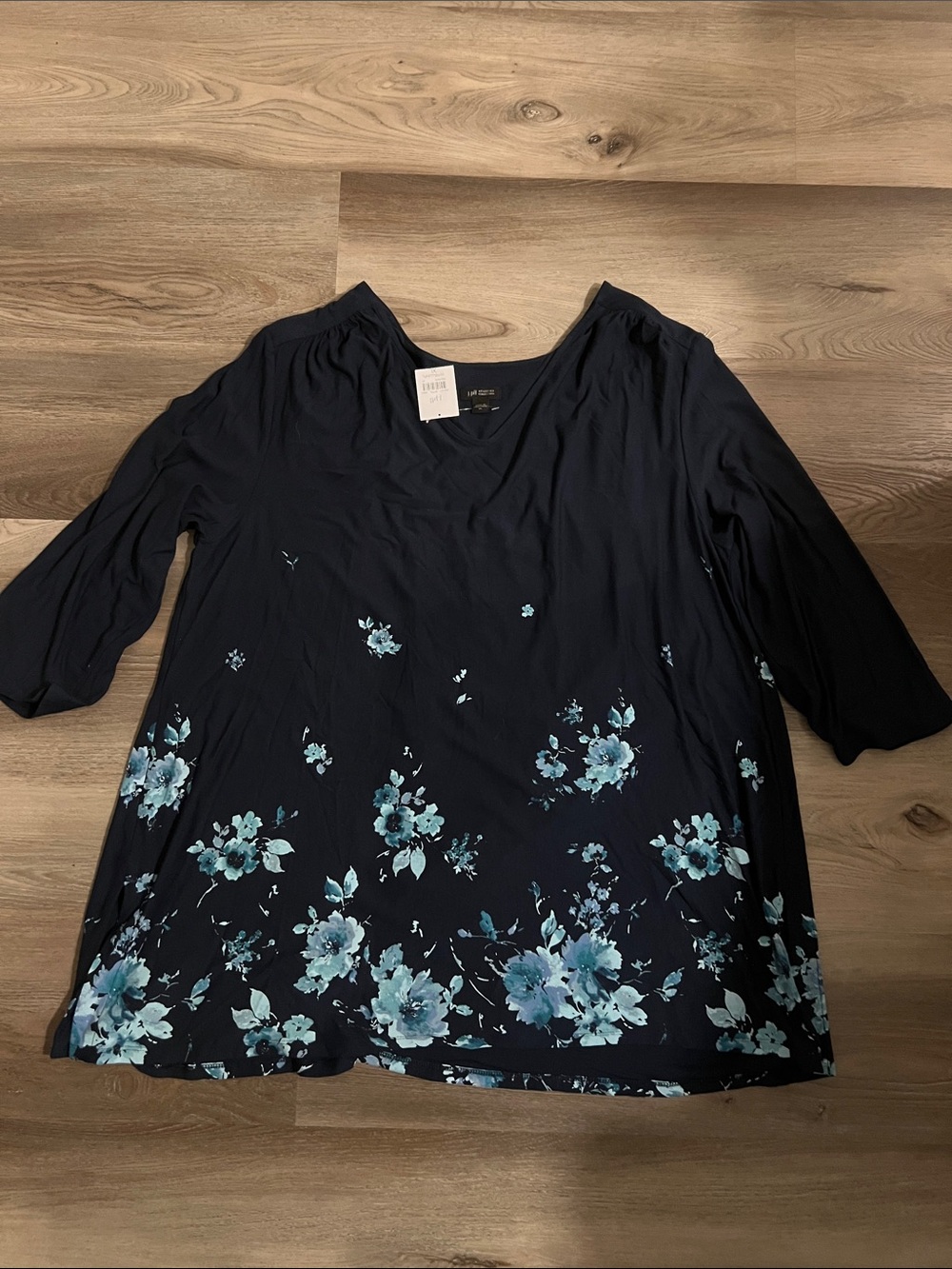 J Jill Navy Tunic with Teal-Blue Floral Print